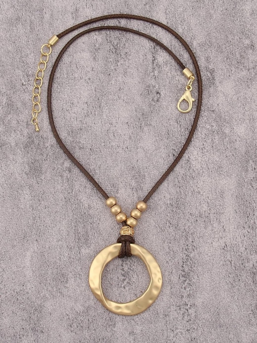 Anthropologie Gold Hammered Ring Pendant Necklace on Brown Cord - Picture 5 of 9